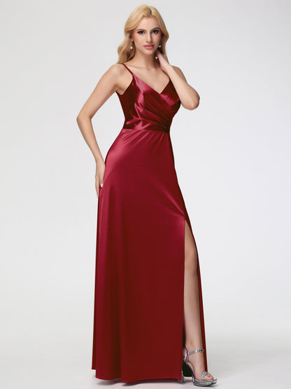 Burgundy Modest Bridesmaid Dresses Spaghetti Straps A-Line V-Neck Pleats Stretch Satin Bridesmaid Dresses
