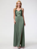 Bridesmaid Olive Green Spaghetti Straps A-Line V-Neck Pleats Stretch Satin Bridesmaid Dresses