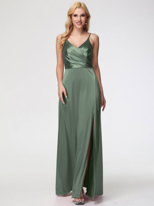 Bridesmaid Olive Green Spaghetti Straps A-Line V-Neck Pleats Stretch Satin Bridesmaid Dresses