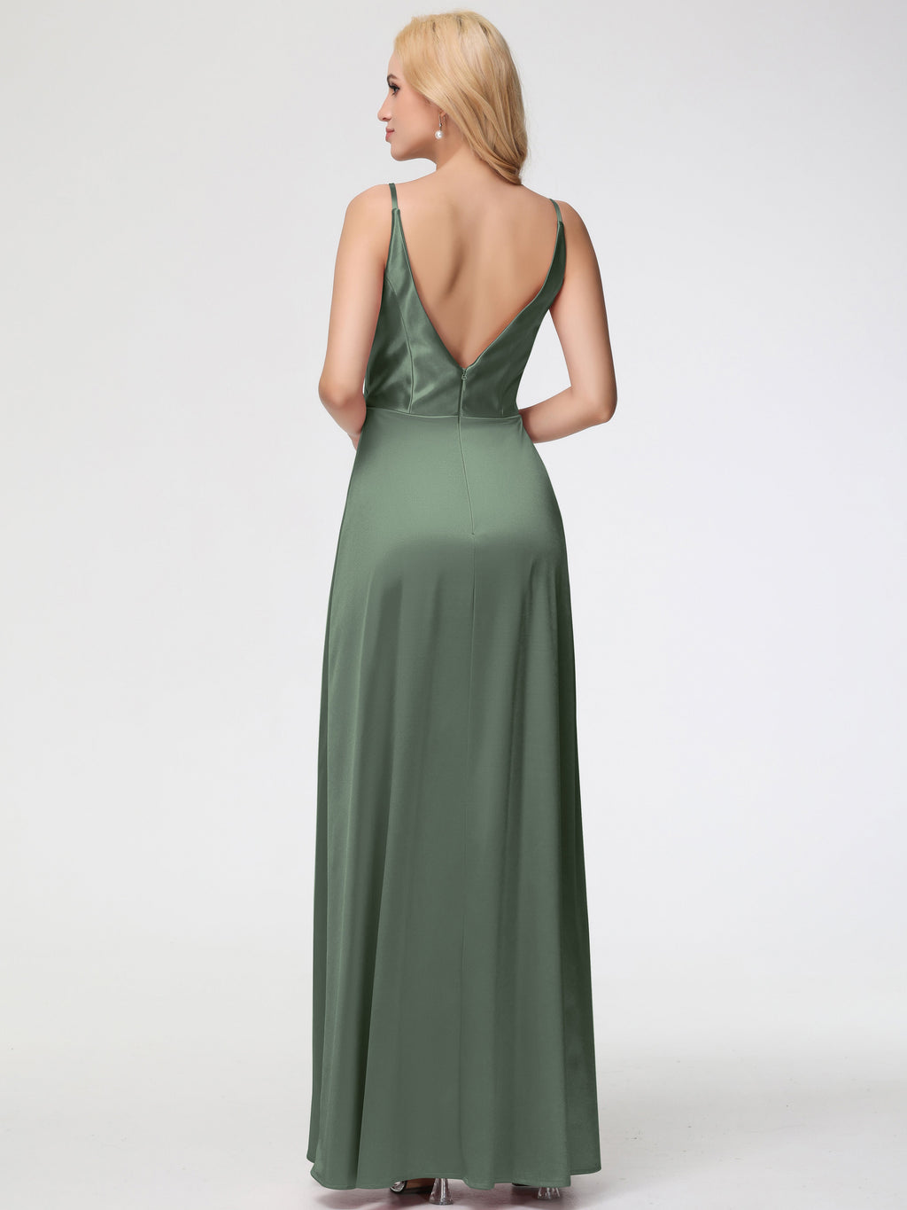 Bridesmaid Olive Green Spaghetti Straps A-Line V-Neck Pleats Stretch Satin Bridesmaid Dresses