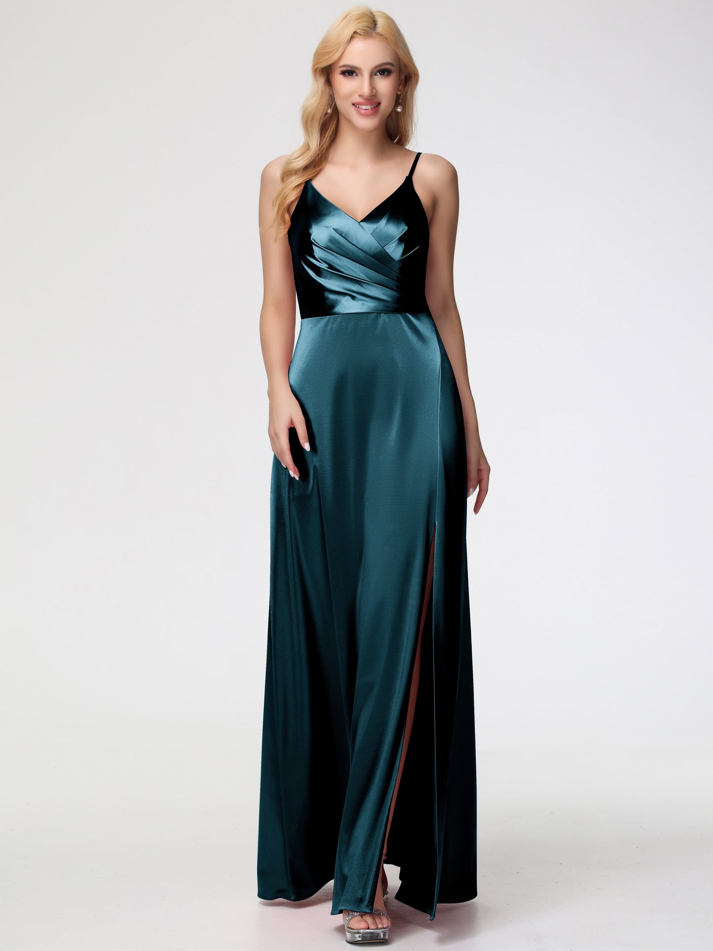 Bridesmaids Peacock Spaghetti Straps A-Line V-Neck Pleats Stretch Satin Bridesmaid Dresses