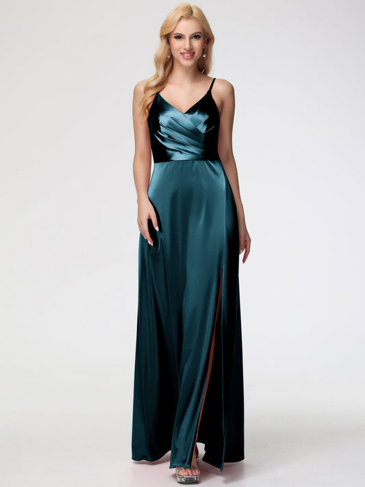 Bridesmaids Peacock Spaghetti Straps A-Line V-Neck Pleats Stretch Satin Bridesmaid Dresses