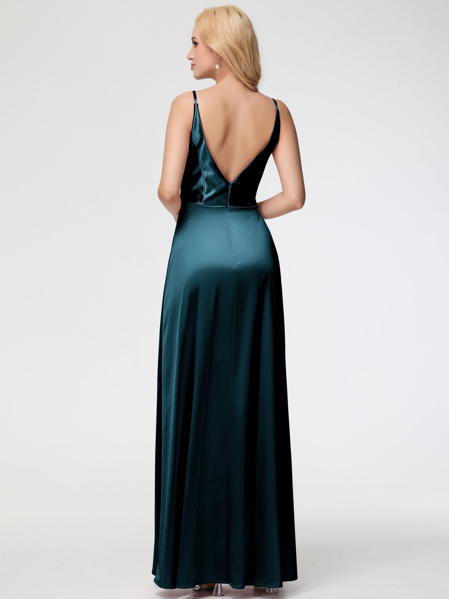 Bridesmaids Peacock Spaghetti Straps A-Line V-Neck Pleats Stretch Satin Bridesmaid Dresses