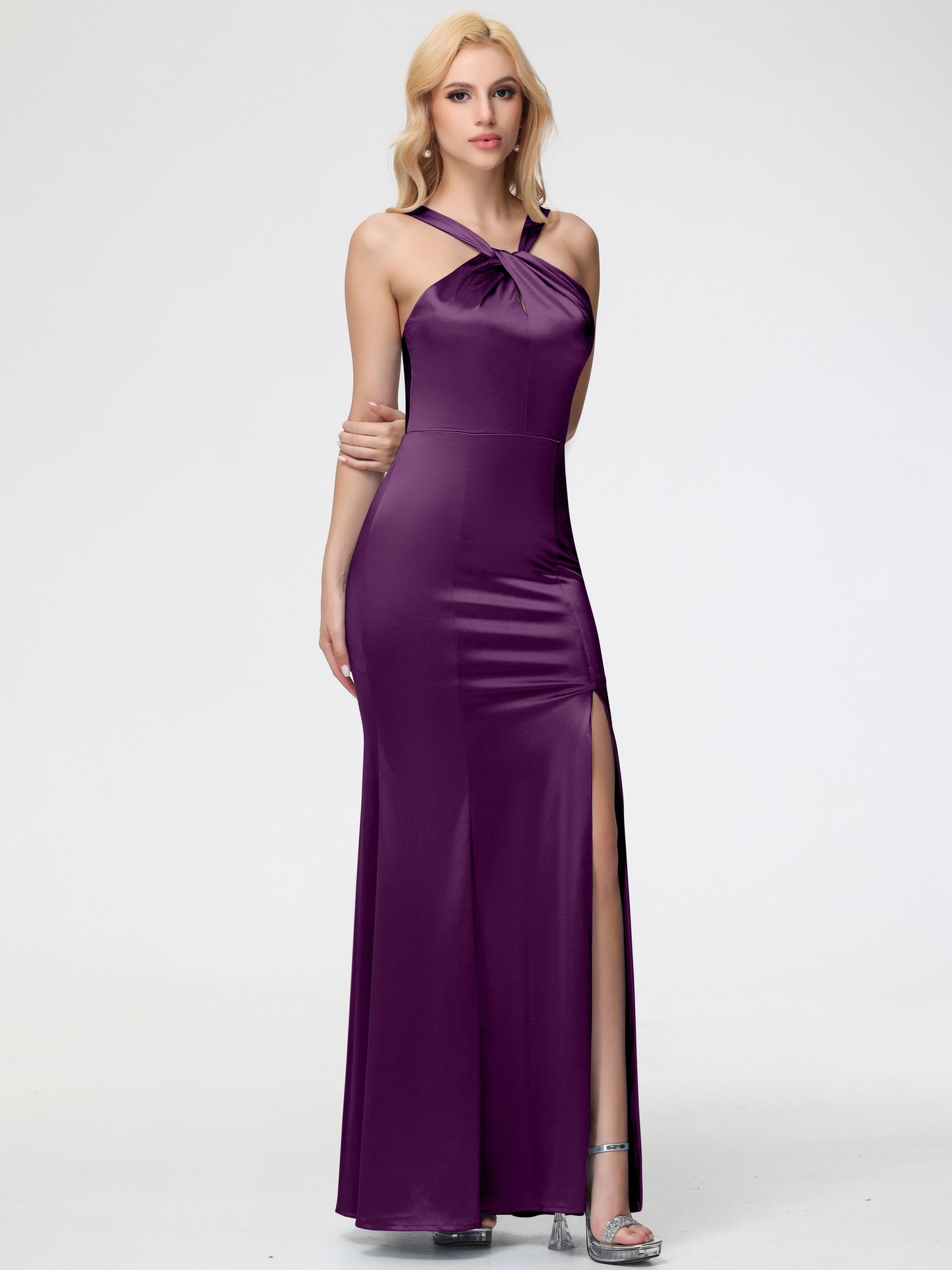 Bridesmaid Dresses In Grape Halter Trumpet/Mermaid Stretch Satin Bridesmaid Dresses With Split