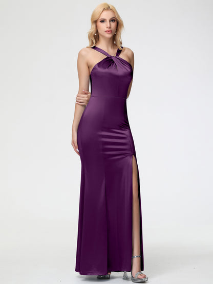 Bridesmaid Dresses In Grape Halter Trumpet/Mermaid Stretch Satin Bridesmaid Dresses With Split