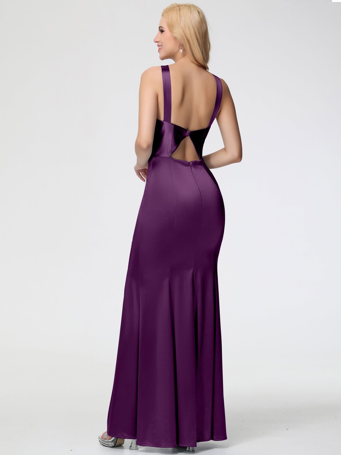 Bridesmaid Dresses In Grape Halter Trumpet/Mermaid Stretch Satin Bridesmaid Dresses With Split