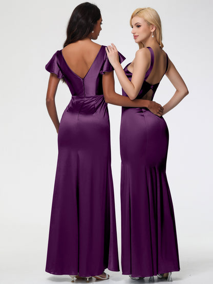 Bridesmaid Dresses In Grape Halter Trumpet/Mermaid Stretch Satin Bridesmaid Dresses With Split