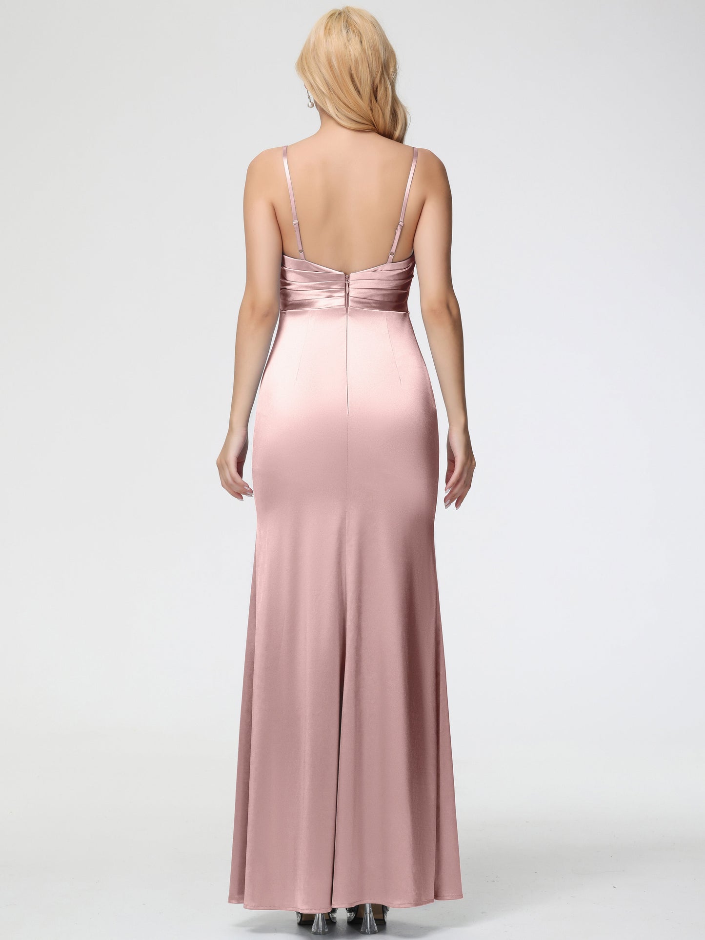 Bridesmaid Dress Dusty Rose V-Neck Sleeveless Spaghetti Straps Trumpet/Mermaid Split Stretch Satin Bridesmaid Dresses