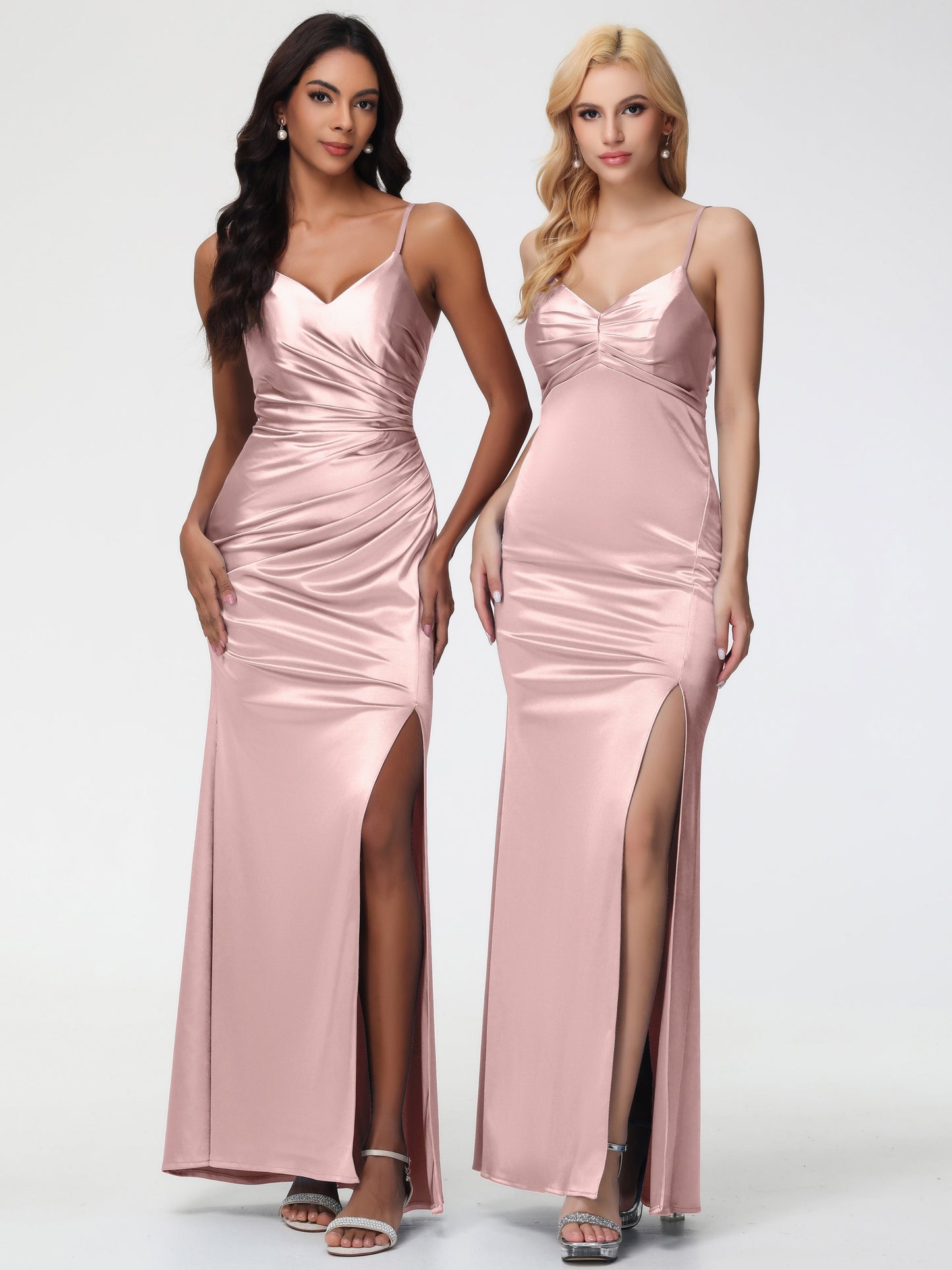 Bridesmaid Dress Dusty Rose V-Neck Sleeveless Spaghetti Straps Trumpet/Mermaid Split Stretch Satin Bridesmaid Dresses