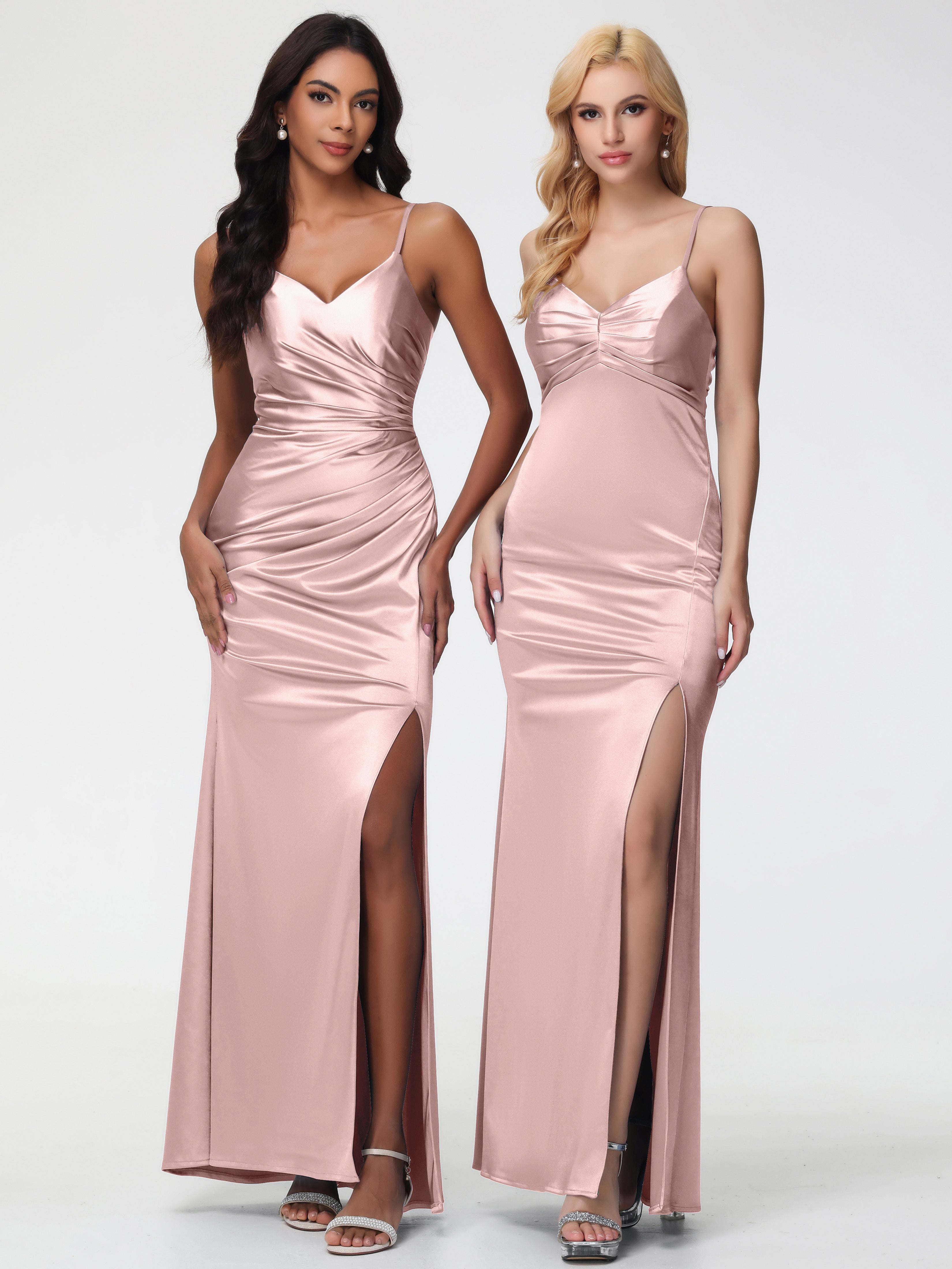 Bridesmaid Dress Dusty Rose V-Neck Sleeveless Spaghetti Straps Trumpet/Mermaid Split Stretch Satin Bridesmaid Dresses