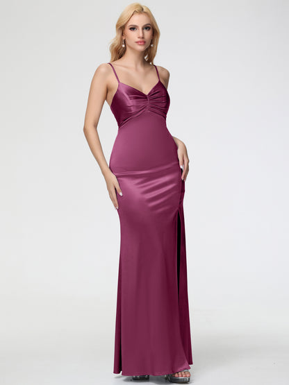 Bridesmaid Dress Mulberry V-Neck Sleeveless Spaghetti Straps Trumpet/Mermaid Split Stretch Satin Bridesmaid Dresses