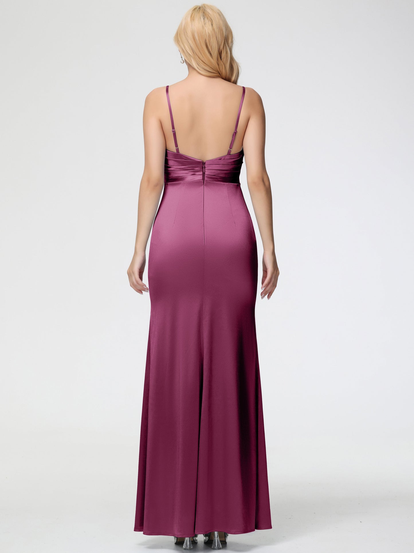 Bridesmaid Dress Mulberry V-Neck Sleeveless Spaghetti Straps Trumpet/Mermaid Split Stretch Satin Bridesmaid Dresses