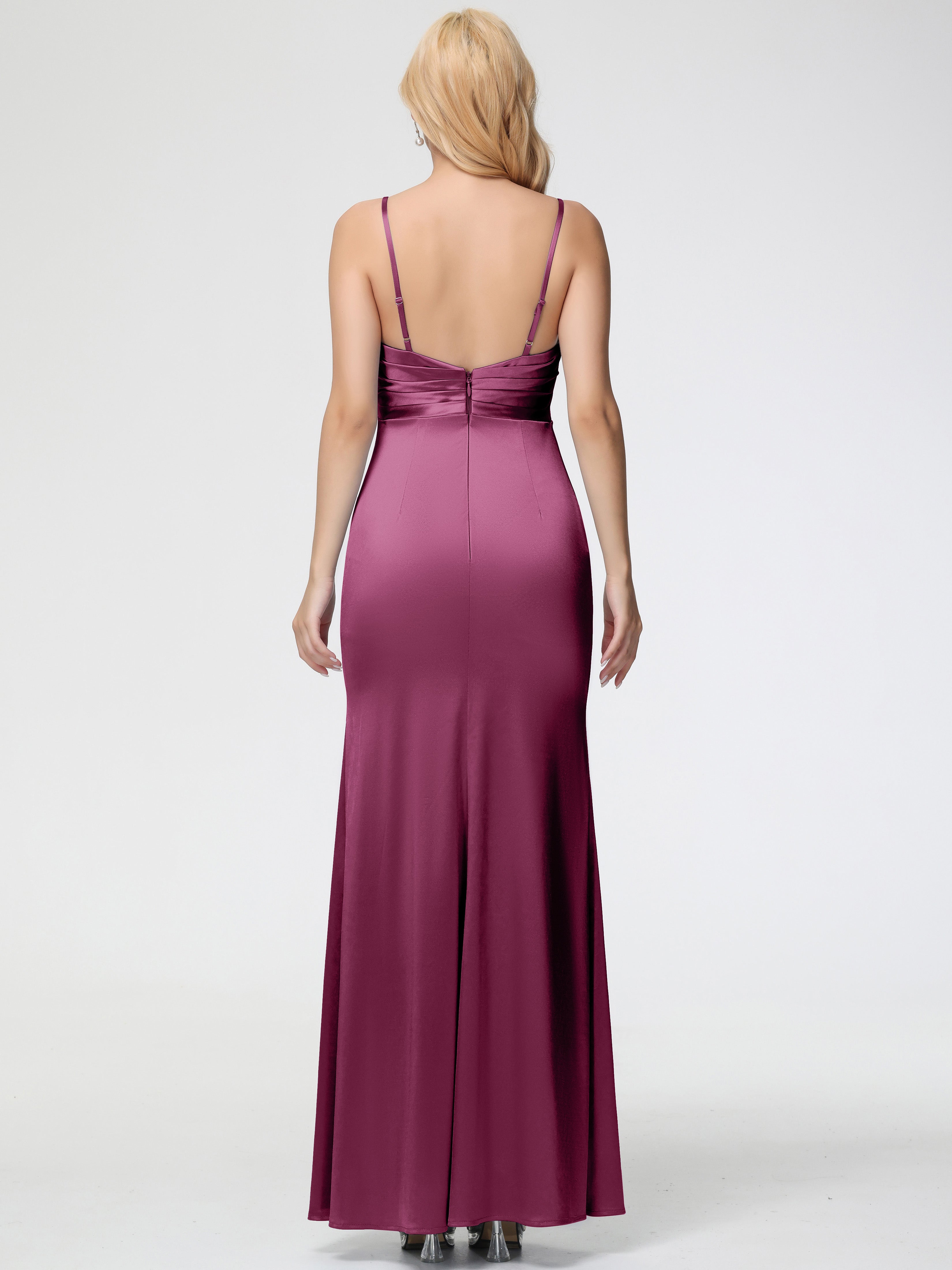 Bridesmaid Dress Mulberry V-Neck Sleeveless Spaghetti Straps Trumpet/Mermaid Split Stretch Satin Bridesmaid Dresses