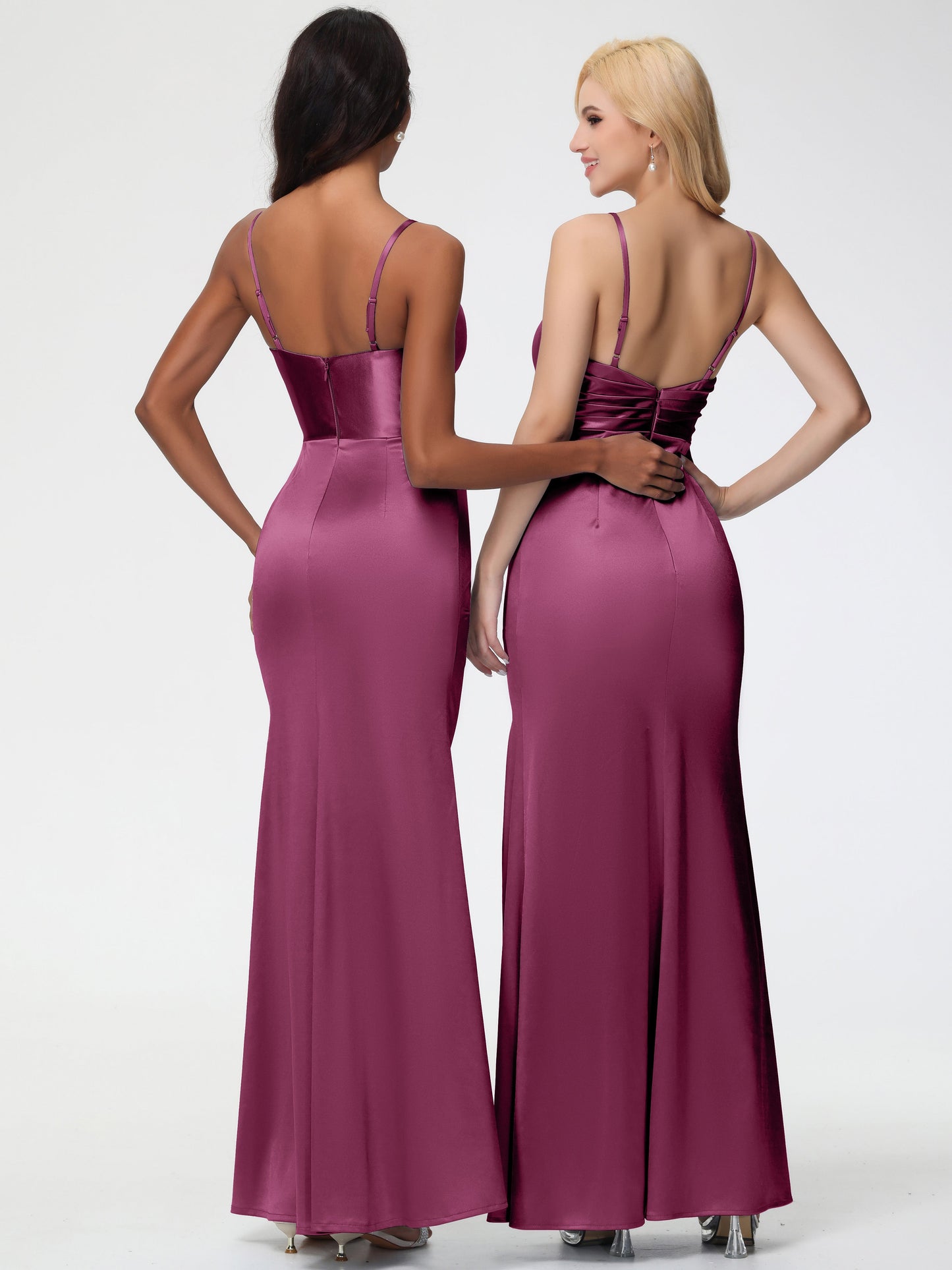 Bridesmaid Dress Mulberry V-Neck Sleeveless Spaghetti Straps Trumpet/Mermaid Split Stretch Satin Bridesmaid Dresses