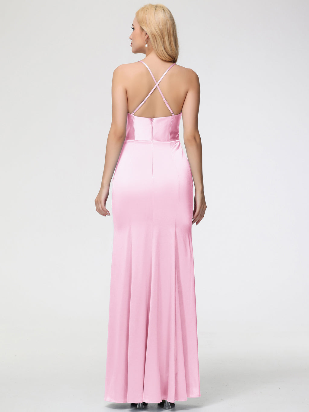 Blushing Pink Bridesmaid Dresses Sleeveless Cowl Spaghetti Straps Trumpet/Mermaid Split Stretch Satin Bridesmaid Dresses