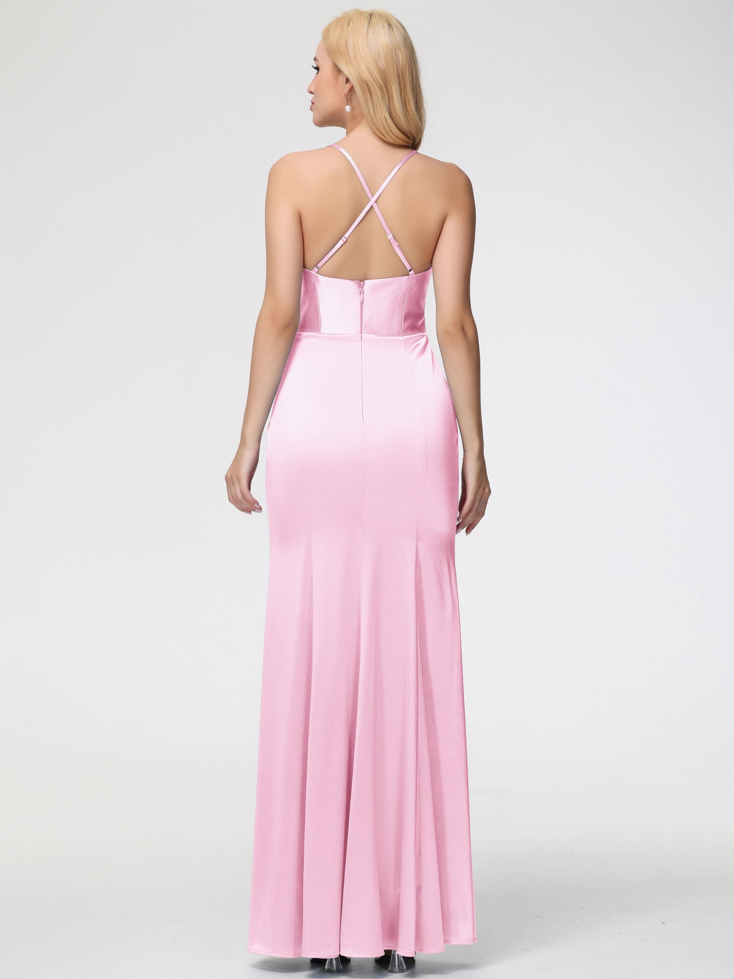 Blushing Pink Bridesmaid Dresses Sleeveless Cowl Spaghetti Straps Trumpet/Mermaid Split Stretch Satin Bridesmaid Dresses