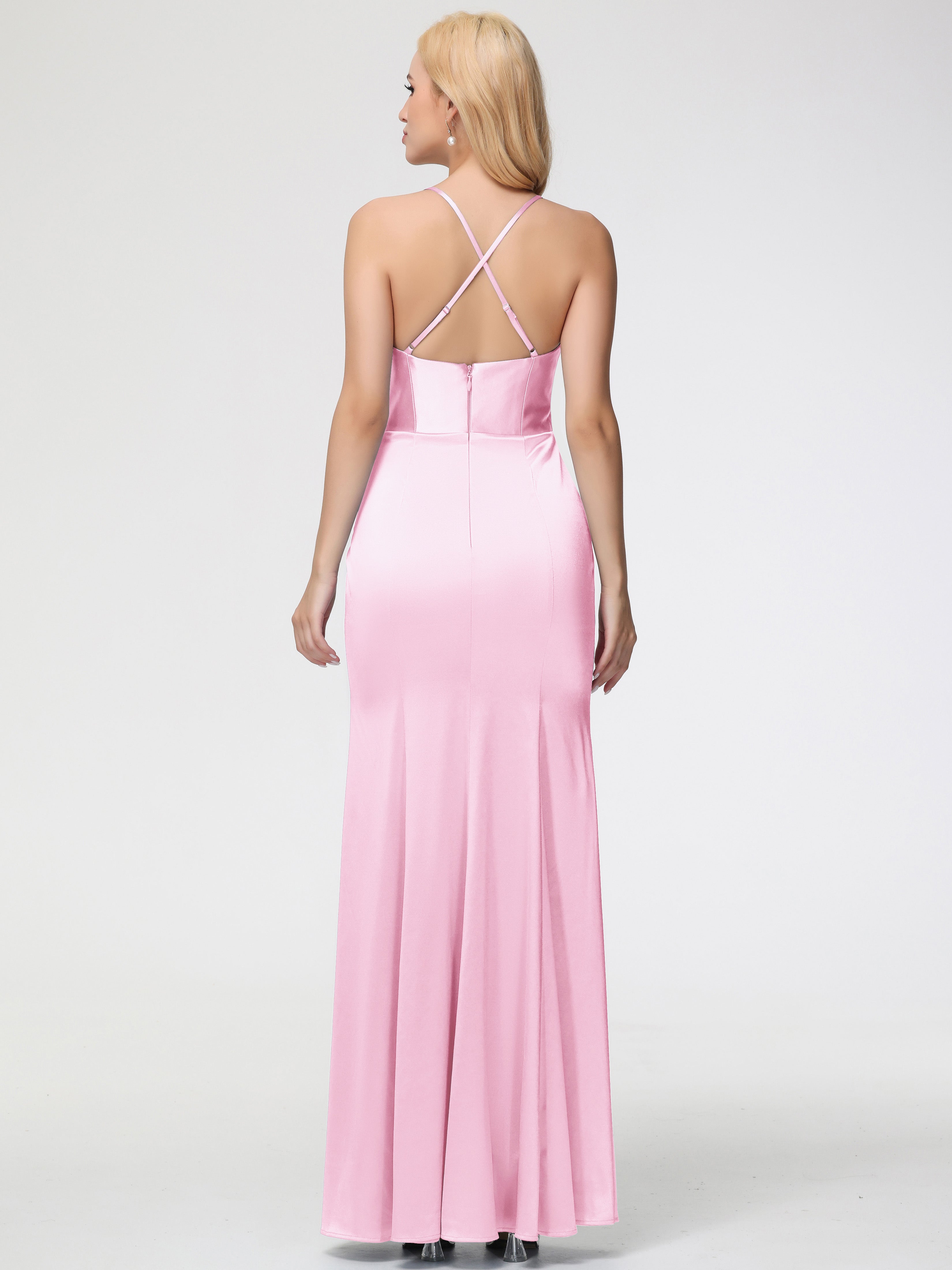 Blushing Pink Bridesmaid Dresses Sleeveless Cowl Spaghetti Straps Trumpet/Mermaid Split Stretch Satin Bridesmaid Dresses