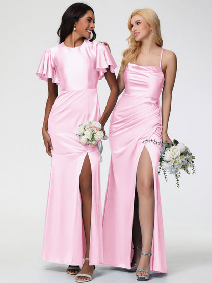 Blushing Pink Bridesmaid Dresses Sleeveless Cowl Spaghetti Straps Trumpet/Mermaid Split Stretch Satin Bridesmaid Dresses