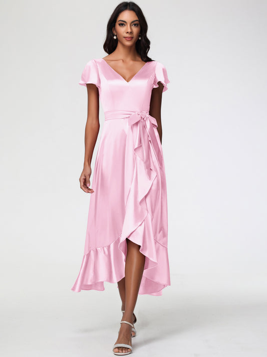 Long Blushing Pink Bridesmaid Dresses Tea-Length Short Sleeves Ruffles A-Line Stretch Satin Bridesmaid Dresses