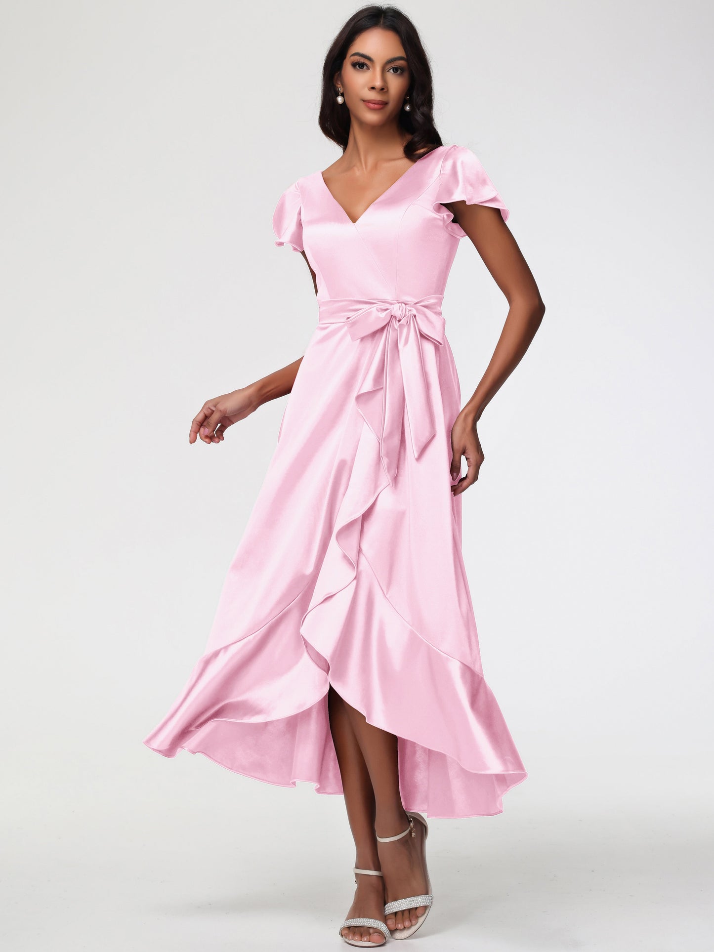 Long Blushing Pink Bridesmaid Dresses Tea-Length Short Sleeves Ruffles A-Line Stretch Satin Bridesmaid Dresses