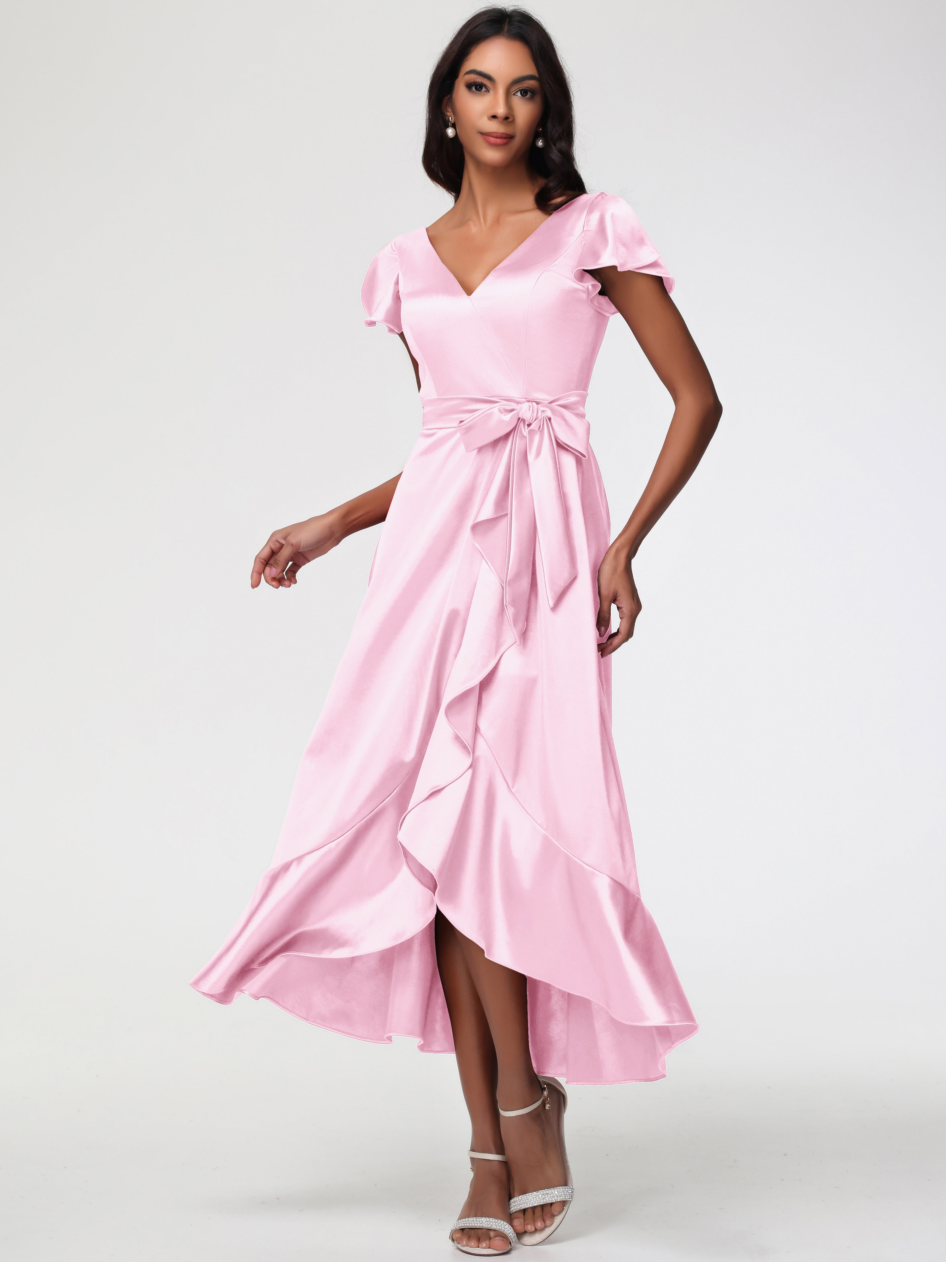 Long Blushing Pink Bridesmaid Dresses Tea-Length Short Sleeves Ruffles A-Line Stretch Satin Bridesmaid Dresses