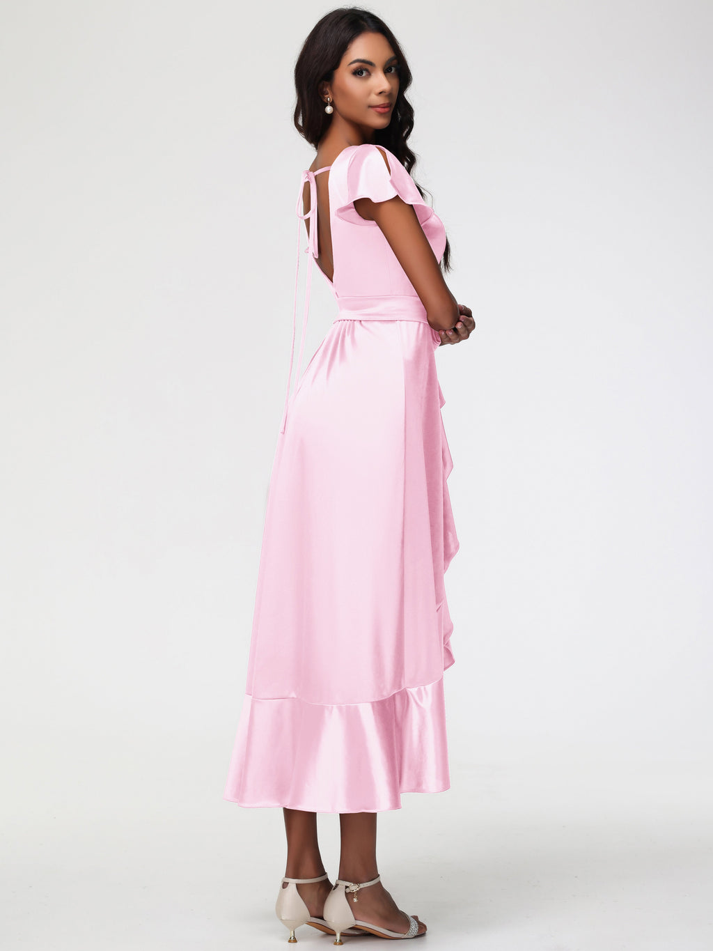 Long Blushing Pink Bridesmaid Dresses Tea-Length Short Sleeves Ruffles A-Line Stretch Satin Bridesmaid Dresses