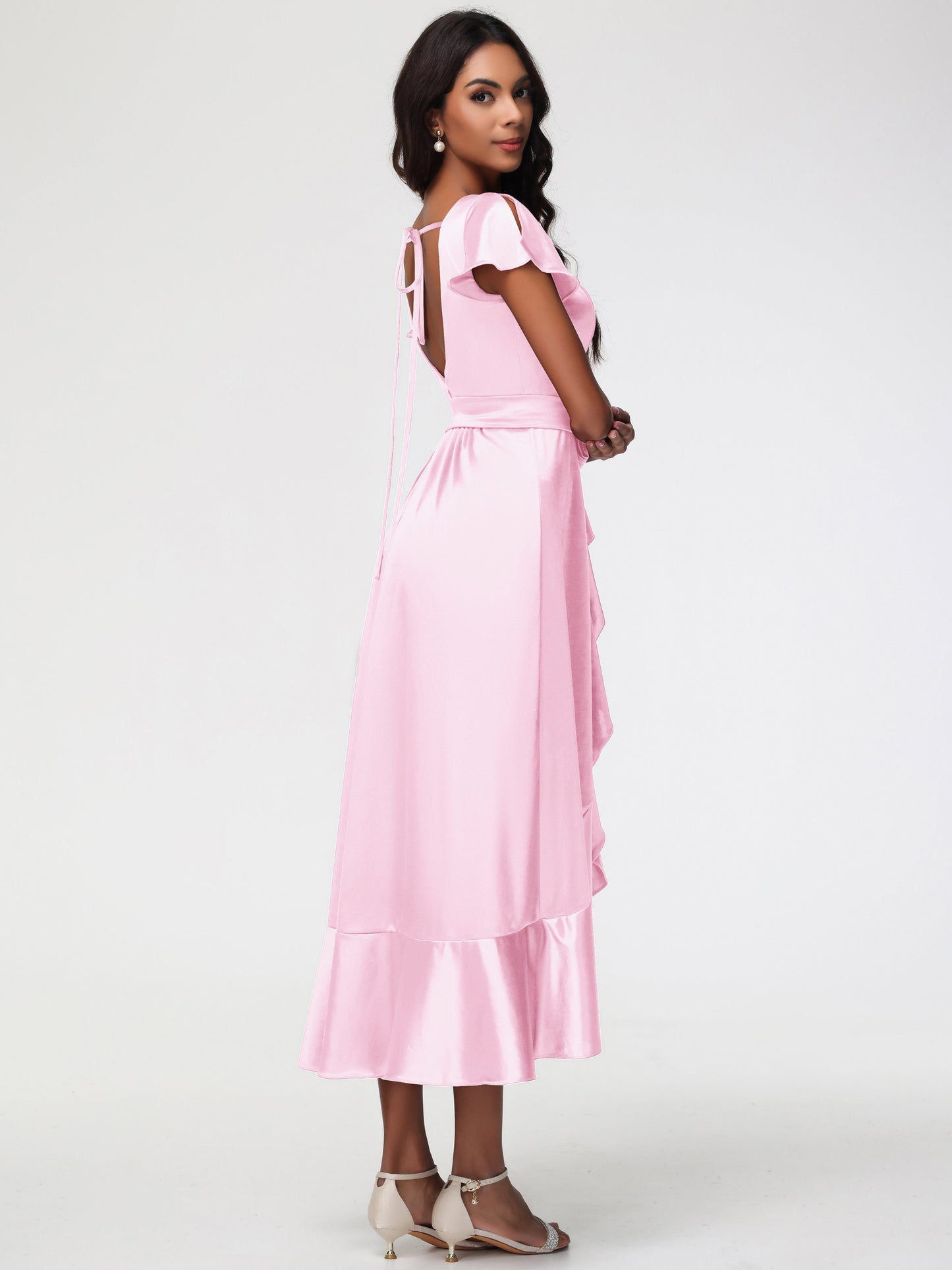 Long Blushing Pink Bridesmaid Dresses Tea-Length Short Sleeves Ruffles A-Line Stretch Satin Bridesmaid Dresses