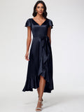 Dark Navy Bridesmaids Dresses Tea-Length Short Sleeves Ruffles A-Line Stretch Satin Bridesmaid Dresses