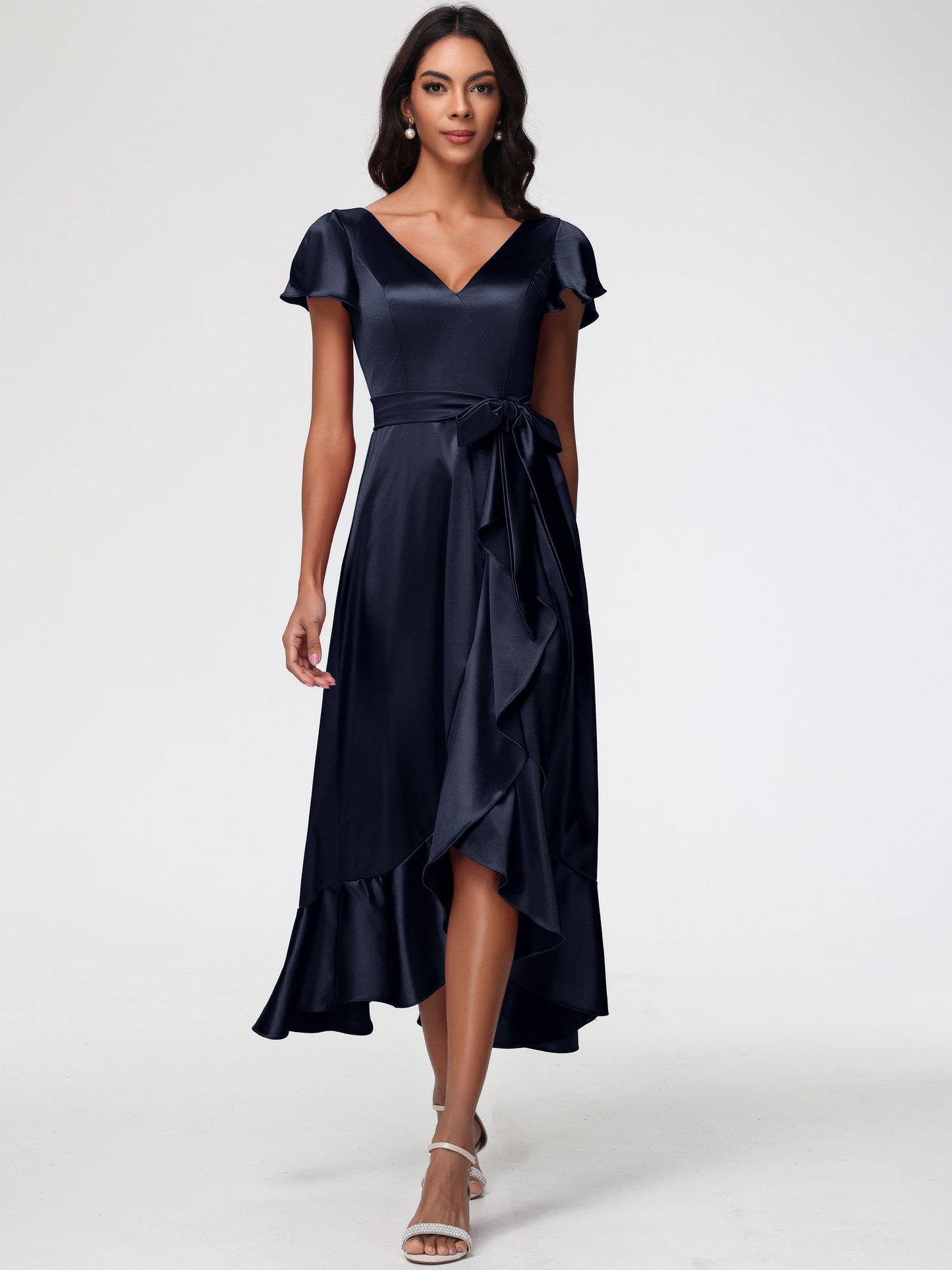 Dark Navy Bridesmaids Dresses Tea-Length Short Sleeves Ruffles A-Line Stretch Satin Bridesmaid Dresses