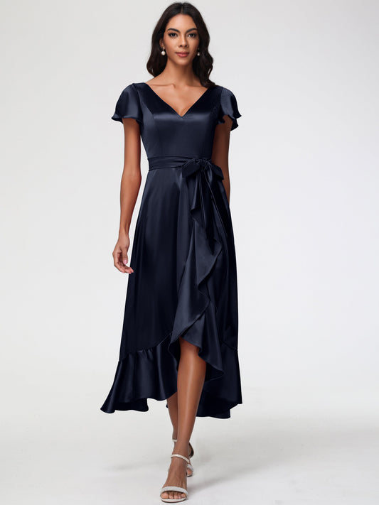 Dark Navy Bridesmaids Dresses Tea-Length Short Sleeves Ruffles A-Line Stretch Satin Bridesmaid Dresses