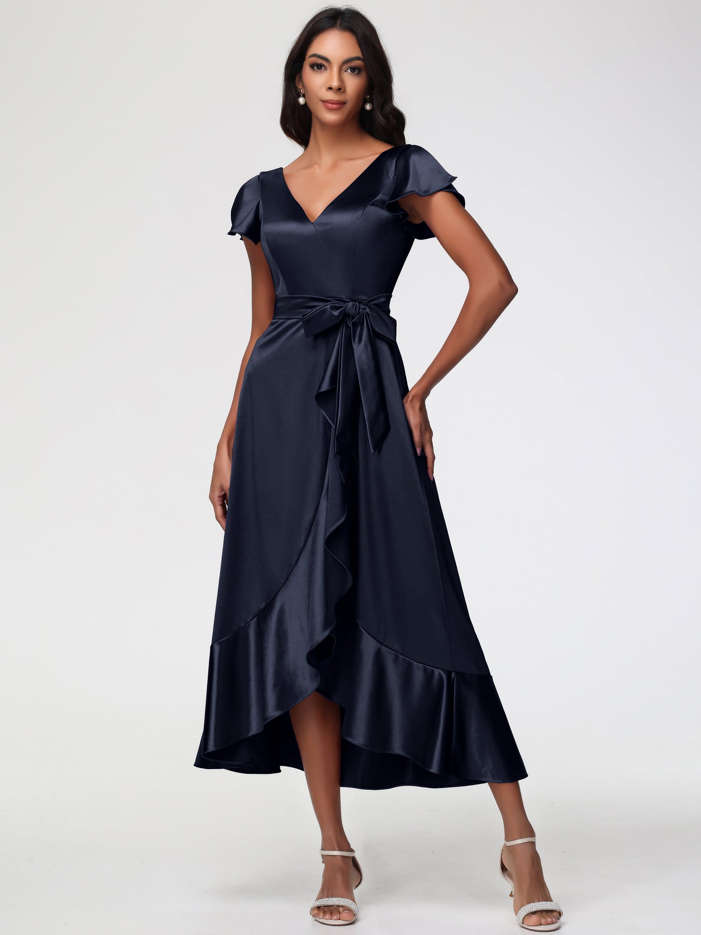 Dark Navy Bridesmaids Dresses Tea-Length Short Sleeves Ruffles A-Line Stretch Satin Bridesmaid Dresses