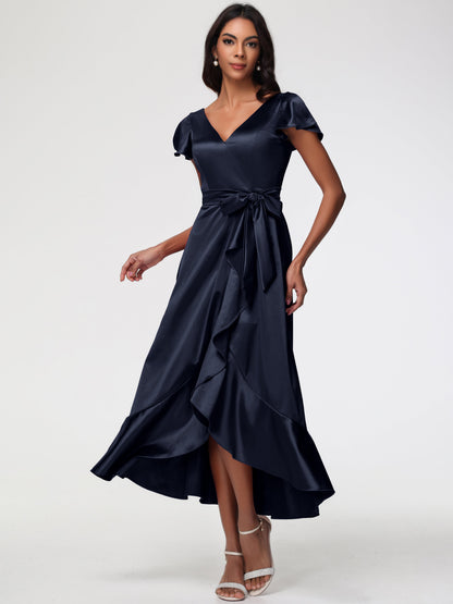 Dark Navy Bridesmaids Dresses Tea-Length Short Sleeves Ruffles A-Line Stretch Satin Bridesmaid Dresses