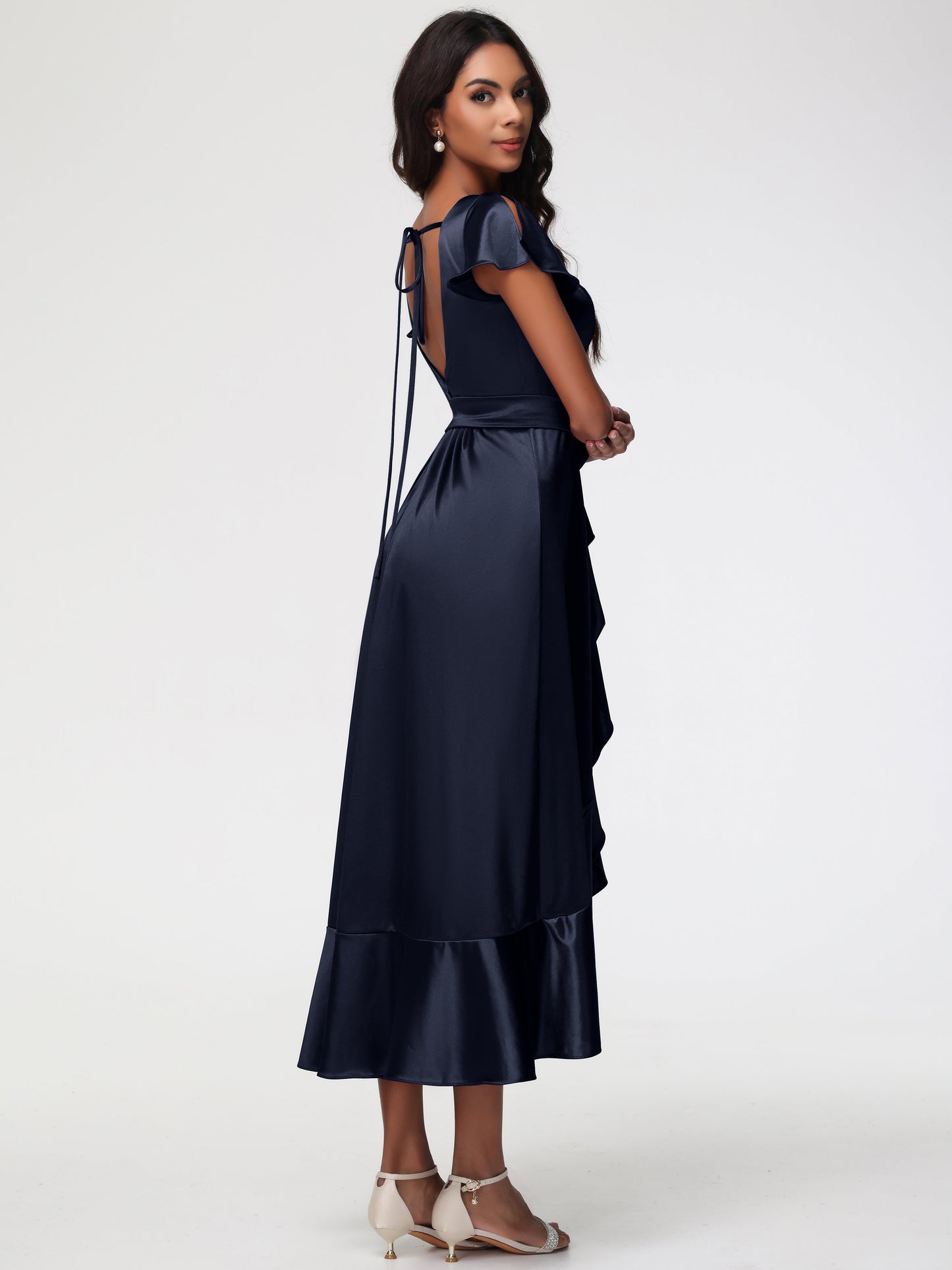 Dark Navy Bridesmaids Dresses Tea-Length Short Sleeves Ruffles A-Line Stretch Satin Bridesmaid Dresses