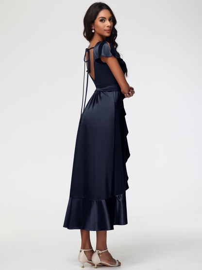 Dark Navy Bridesmaids Dresses Tea-Length Short Sleeves Ruffles A-Line Stretch Satin Bridesmaid Dresses