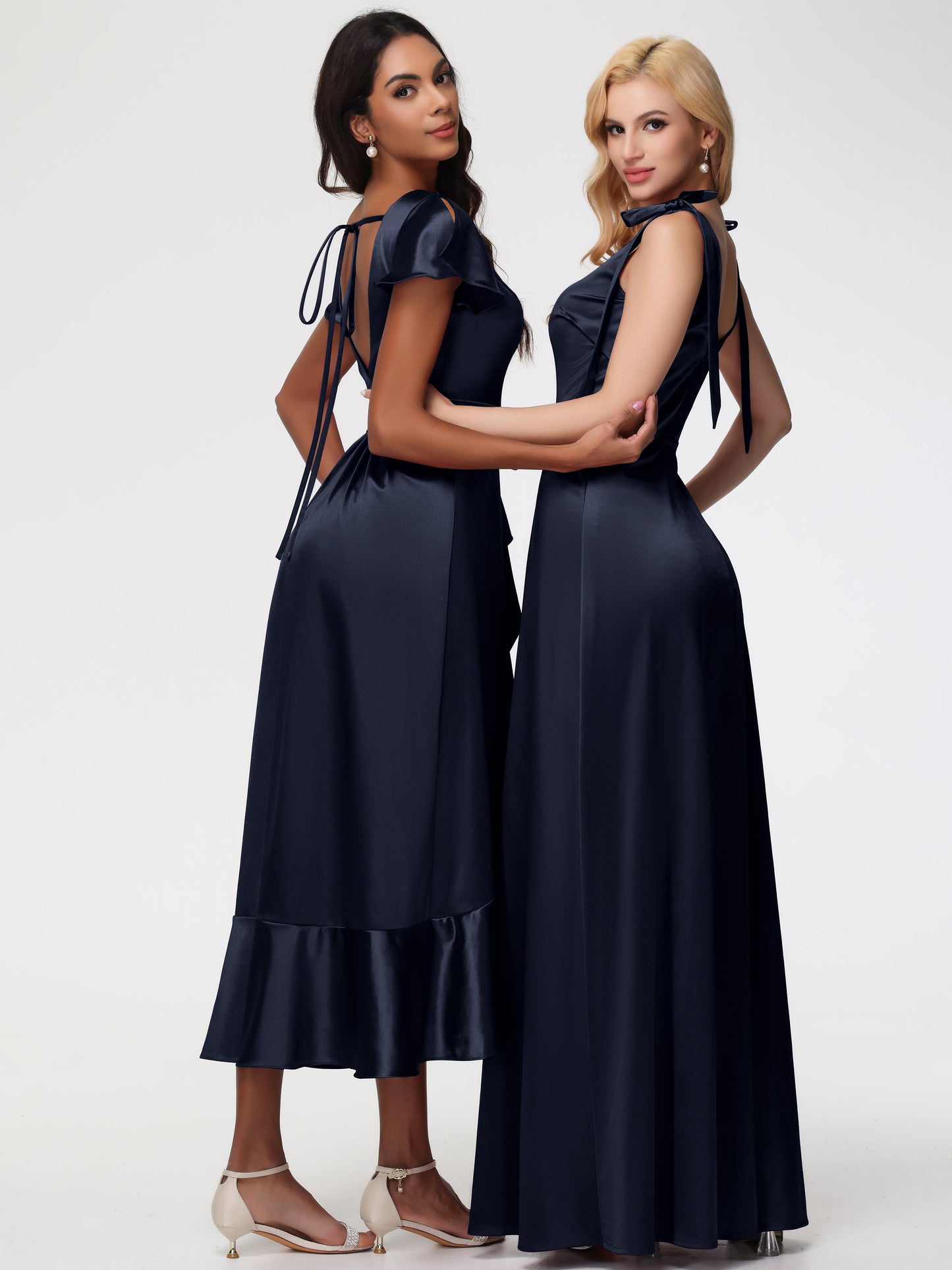 Dark Navy Bridesmaids Dresses Tea-Length Short Sleeves Ruffles A-Line Stretch Satin Bridesmaid Dresses