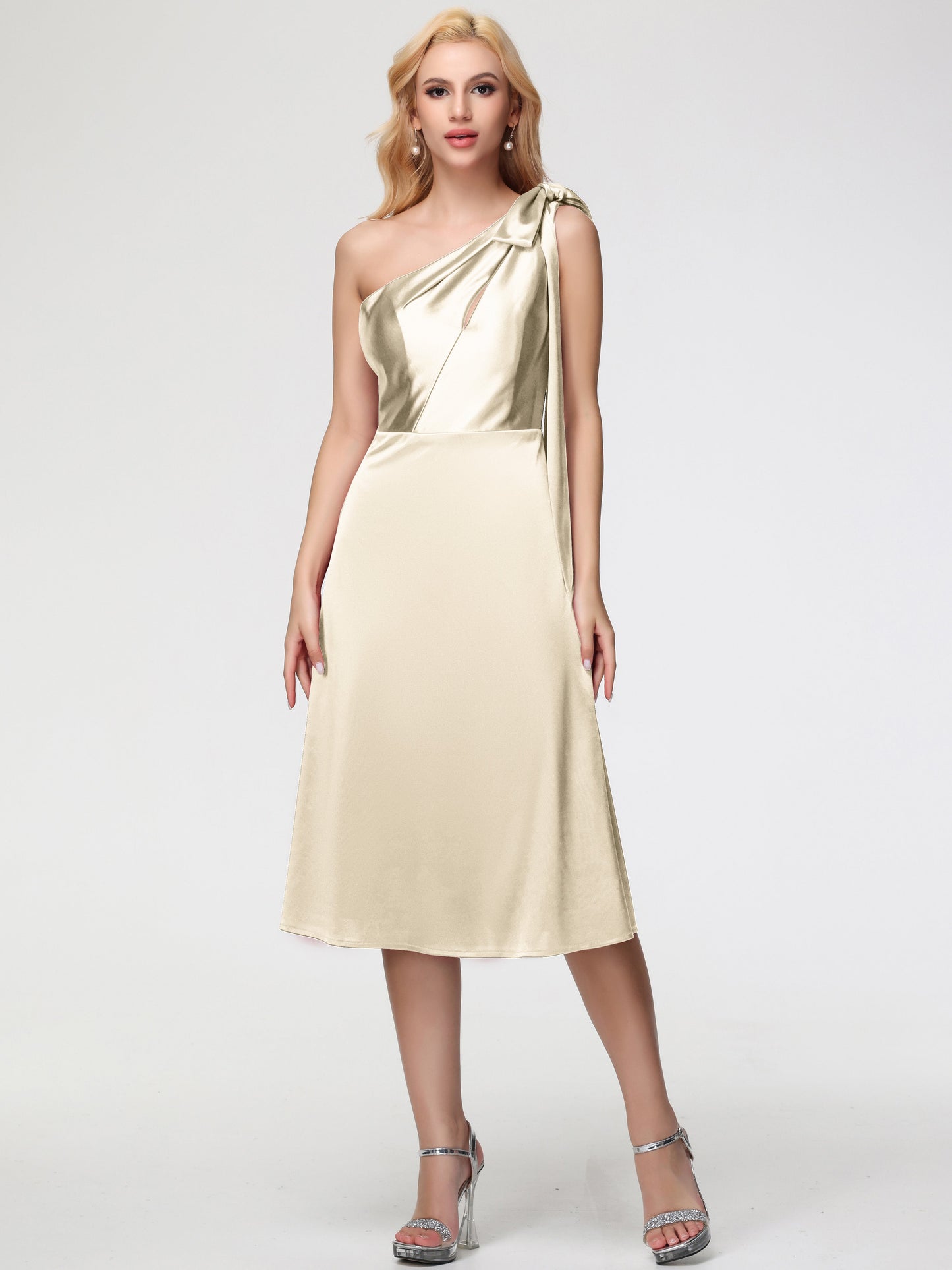 Champagne Bridesmaid Dresses One Shoulder Tea-Length Sleeveless A-Line Stretch Satin Bridesmaid Dresses