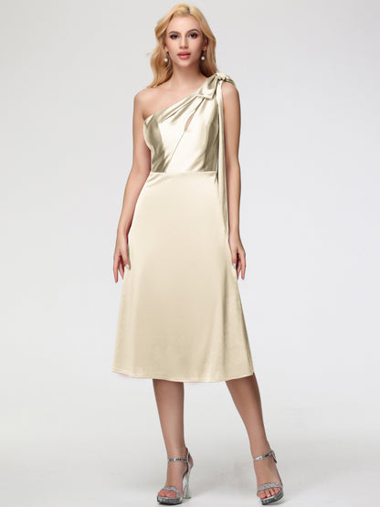 Champagne Bridesmaid Dresses One Shoulder Tea-Length Sleeveless A-Line Stretch Satin Bridesmaid Dresses