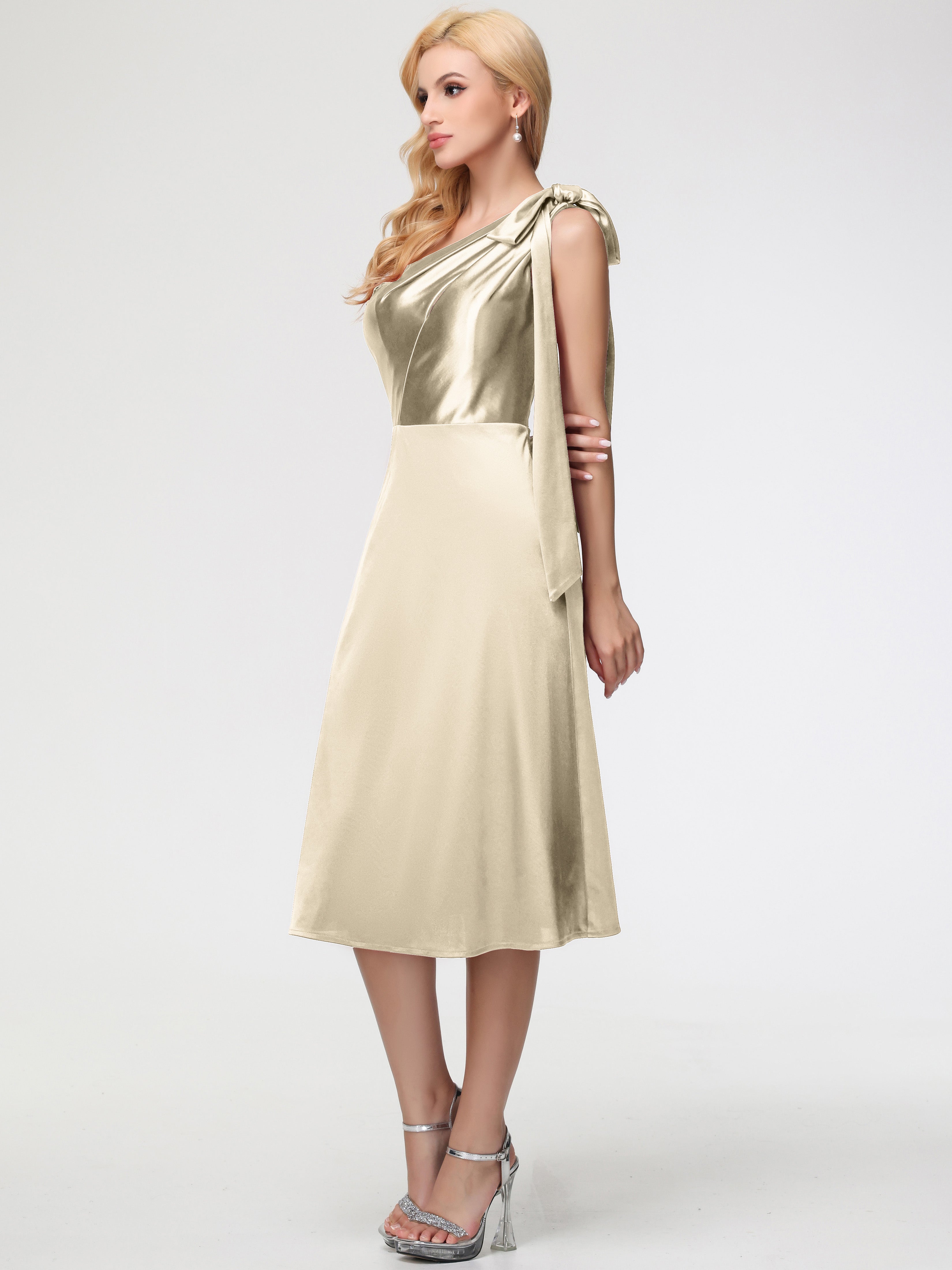 Champagne Bridesmaid Dresses One Shoulder Tea-Length Sleeveless A-Line Stretch Satin Bridesmaid Dresses