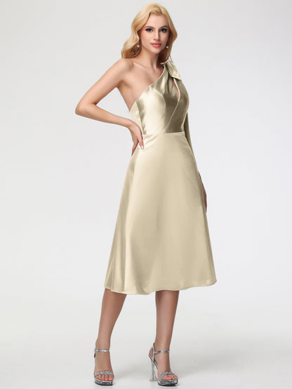 Champagne Bridesmaid Dresses One Shoulder Tea-Length Sleeveless A-Line Stretch Satin Bridesmaid Dresses
