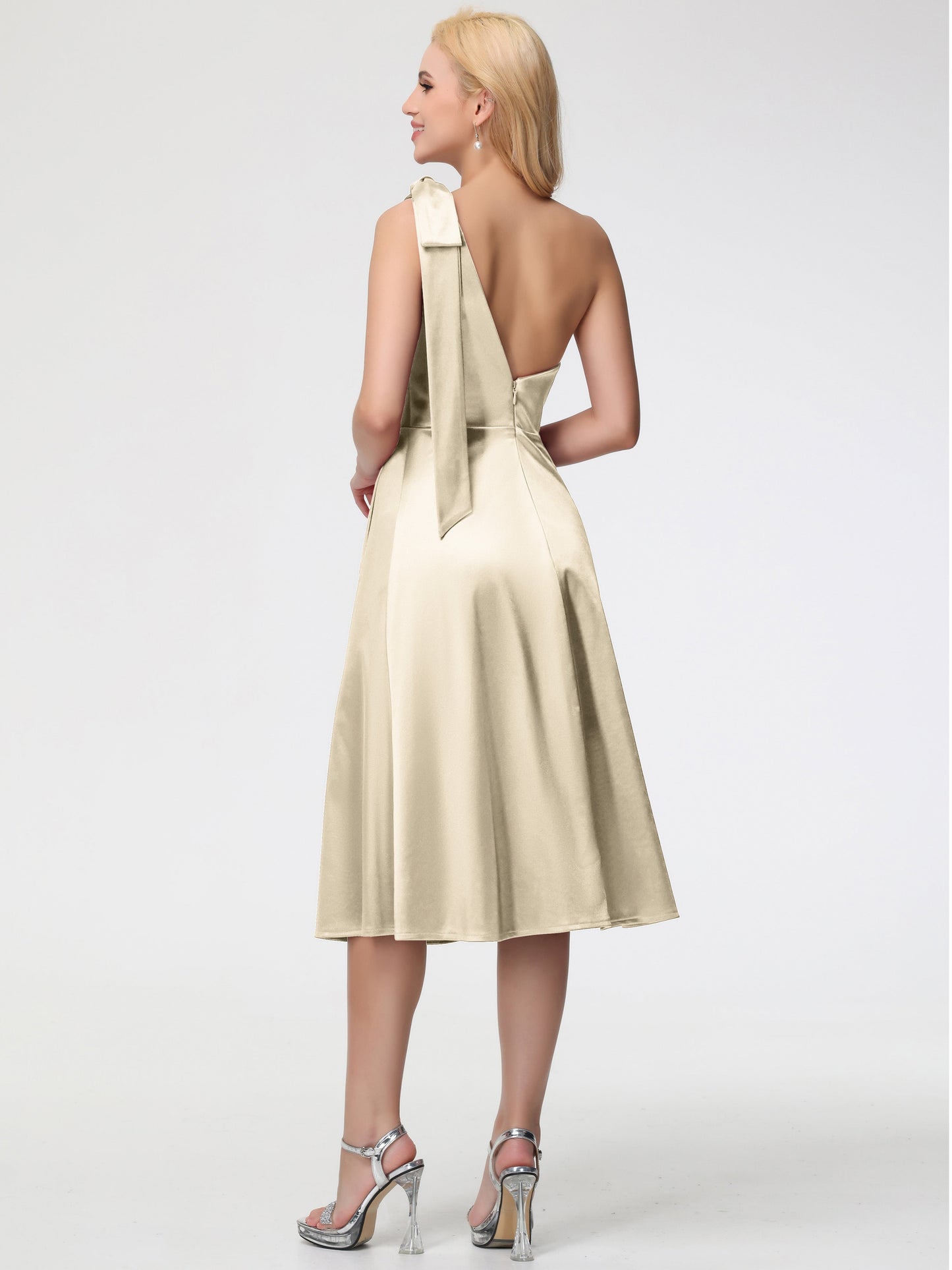 Champagne Bridesmaid Dresses One Shoulder Tea-Length Sleeveless A-Line Stretch Satin Bridesmaid Dresses