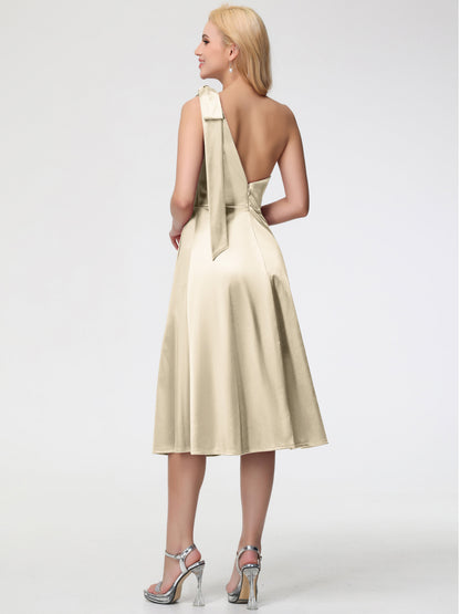 Champagne Bridesmaid Dresses One Shoulder Tea-Length Sleeveless A-Line Stretch Satin Bridesmaid Dresses