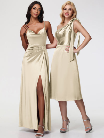 Champagne Bridesmaid Dresses One Shoulder Tea-Length Sleeveless A-Line Stretch Satin Bridesmaid Dresses