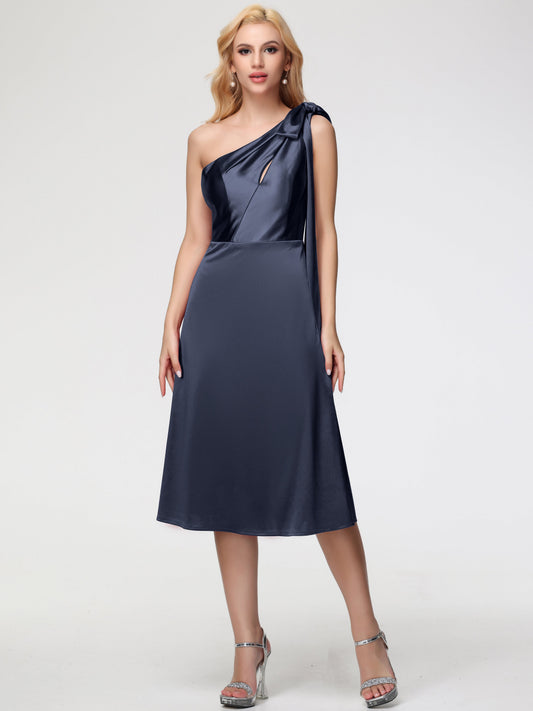 Dark Navy Blue One Shoulder Bridesmaid Dress One Shoulder Tea-Length Sleeveless A-Line Stretch Satin Bridesmaid Dresses