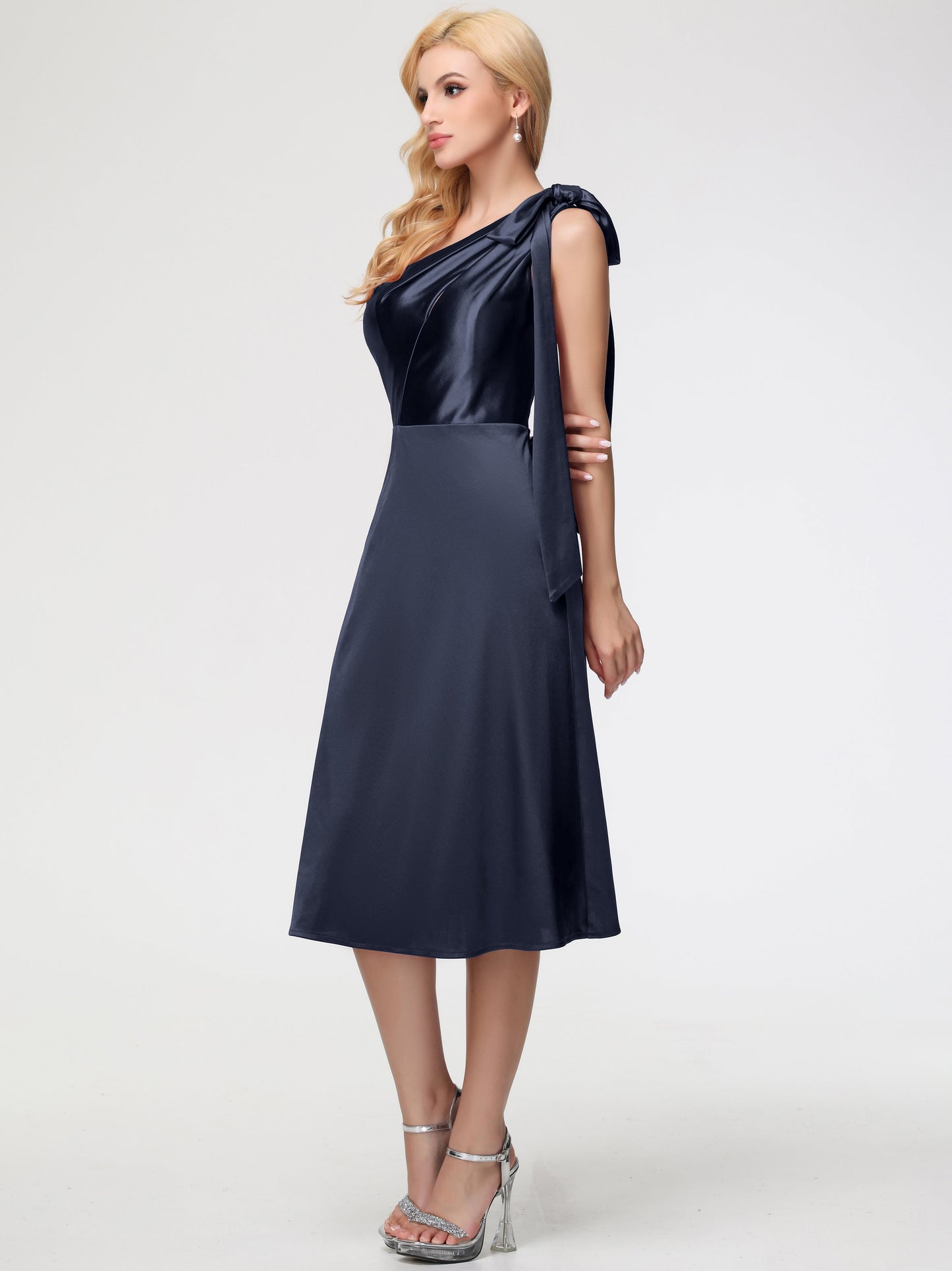Dark Navy Blue One Shoulder Bridesmaid Dress One Shoulder Tea-Length Sleeveless A-Line Stretch Satin Bridesmaid Dresses