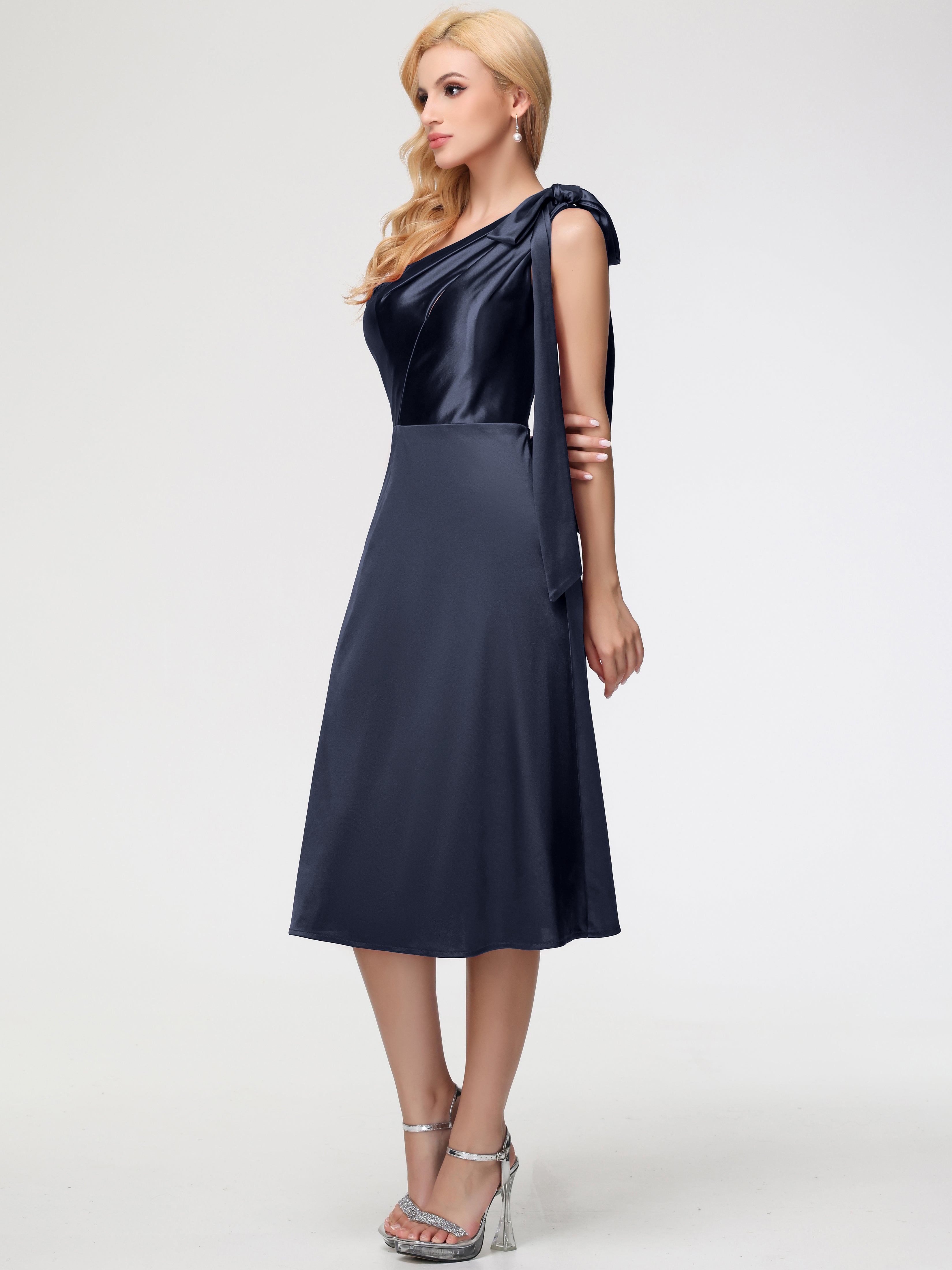 Dark Navy Blue One Shoulder Bridesmaid Dress One Shoulder Tea-Length Sleeveless A-Line Stretch Satin Bridesmaid Dresses
