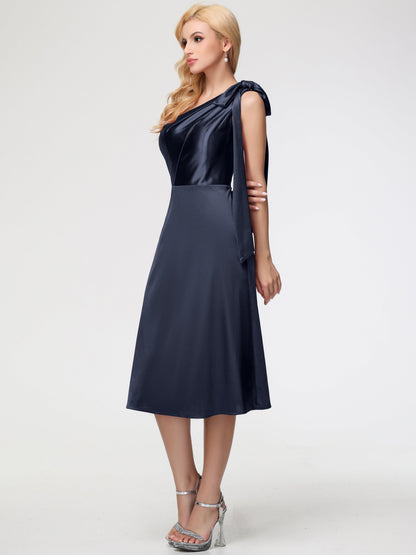 Dark Navy Blue One Shoulder Bridesmaid Dress One Shoulder Tea-Length Sleeveless A-Line Stretch Satin Bridesmaid Dresses