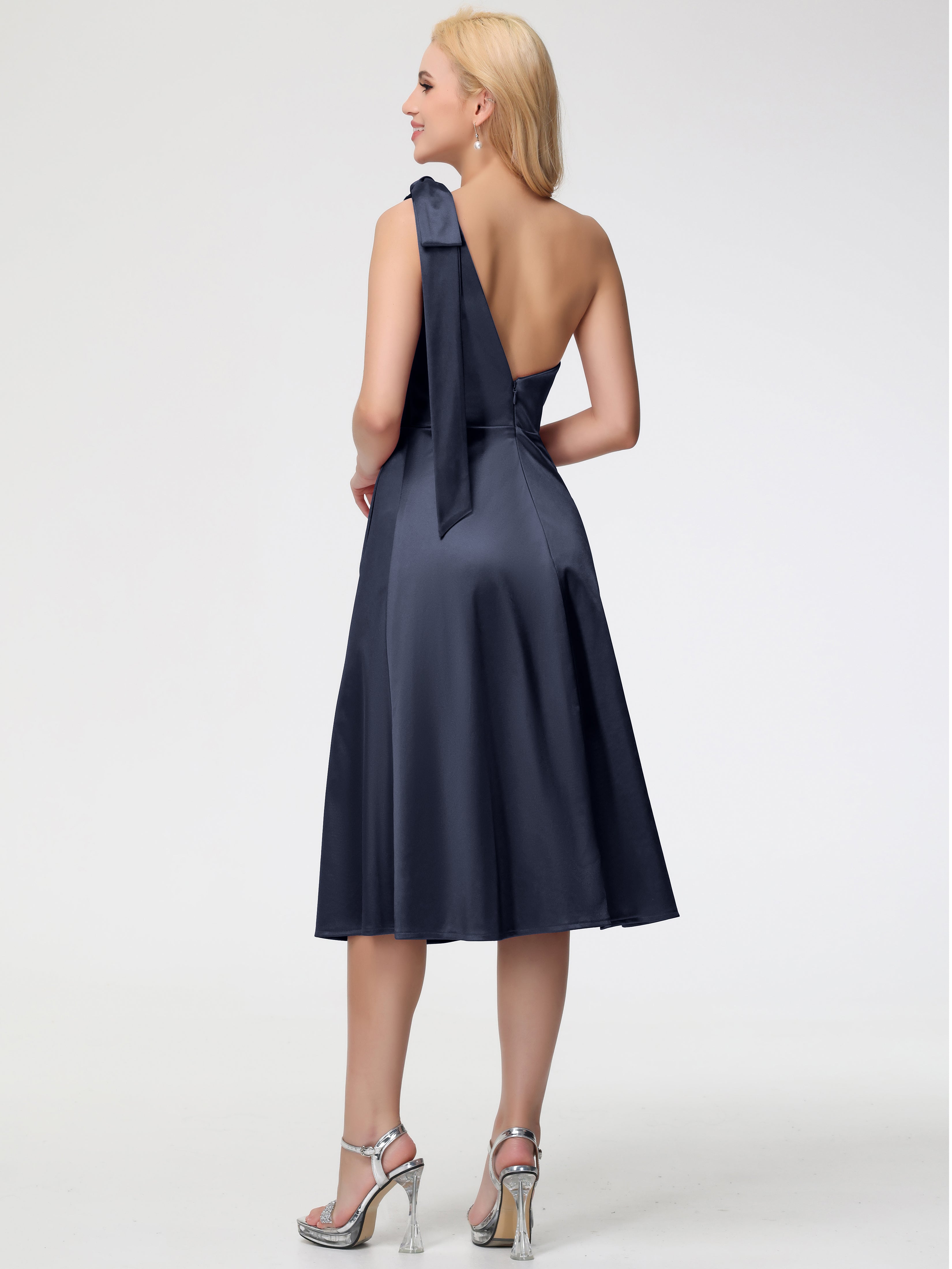 Dark Navy Blue One Shoulder Bridesmaid Dress One Shoulder Tea-Length Sleeveless A-Line Stretch Satin Bridesmaid Dresses
