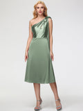 Dusty Sage Bridesmaids Dresses One Shoulder Tea-Length Sleeveless A-Line Stretch Satin Bridesmaid Dresses
