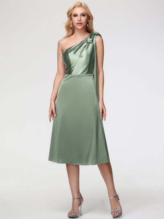 Dusty Sage Bridesmaids Dresses One Shoulder Tea-Length Sleeveless A-Line Stretch Satin Bridesmaid Dresses