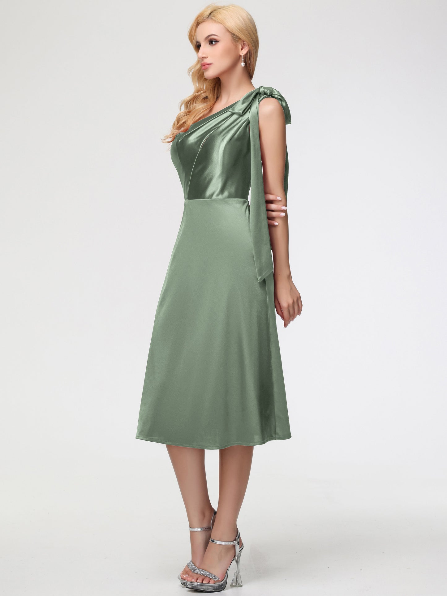 Dusty Sage Bridesmaids Dresses One Shoulder Tea-Length Sleeveless A-Line Stretch Satin Bridesmaid Dresses
